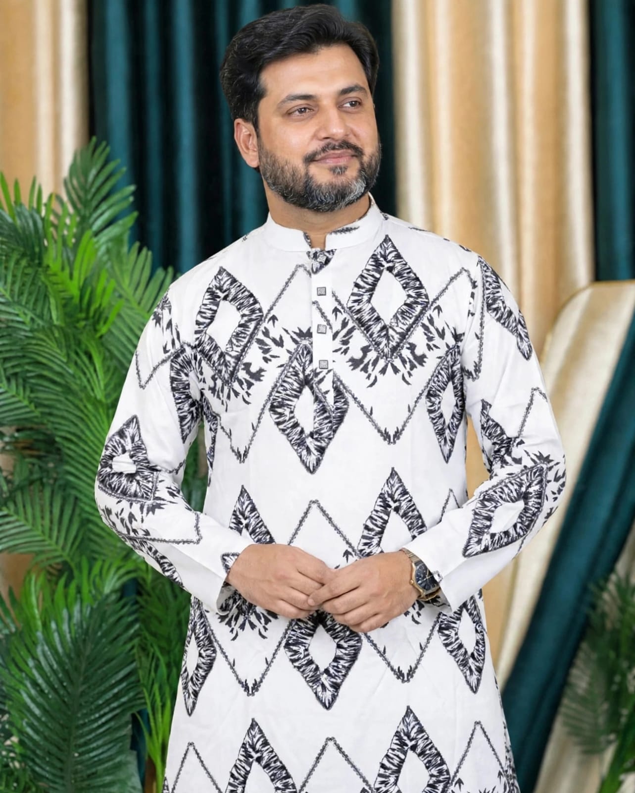 লাক্সারি ডিজিটাল প্রিন্ট কটন কাপড়ের পাঞ্জাবি কোডঃ H208